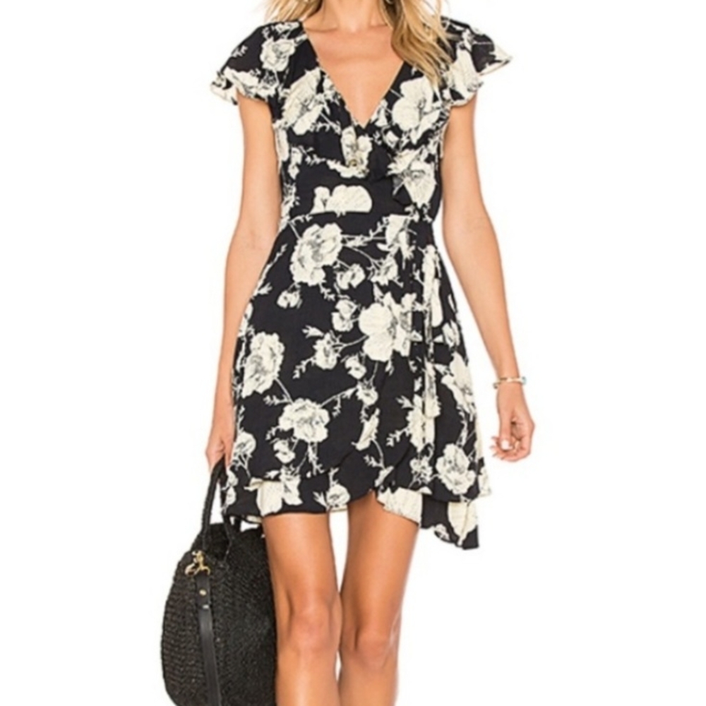 Black and White Asymmetrical Wrap Dress with Flutter Sleeves